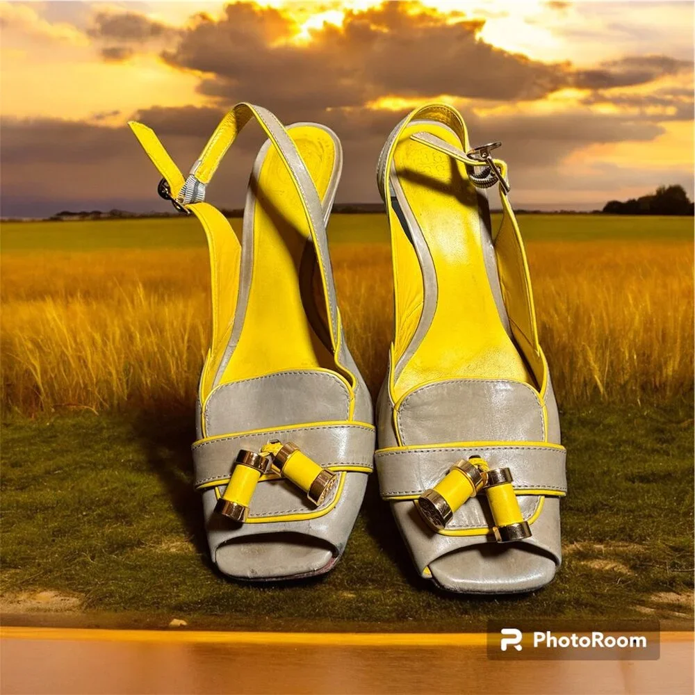 Tory Burch size 10  leather yellow / tan wedge slingback sandal